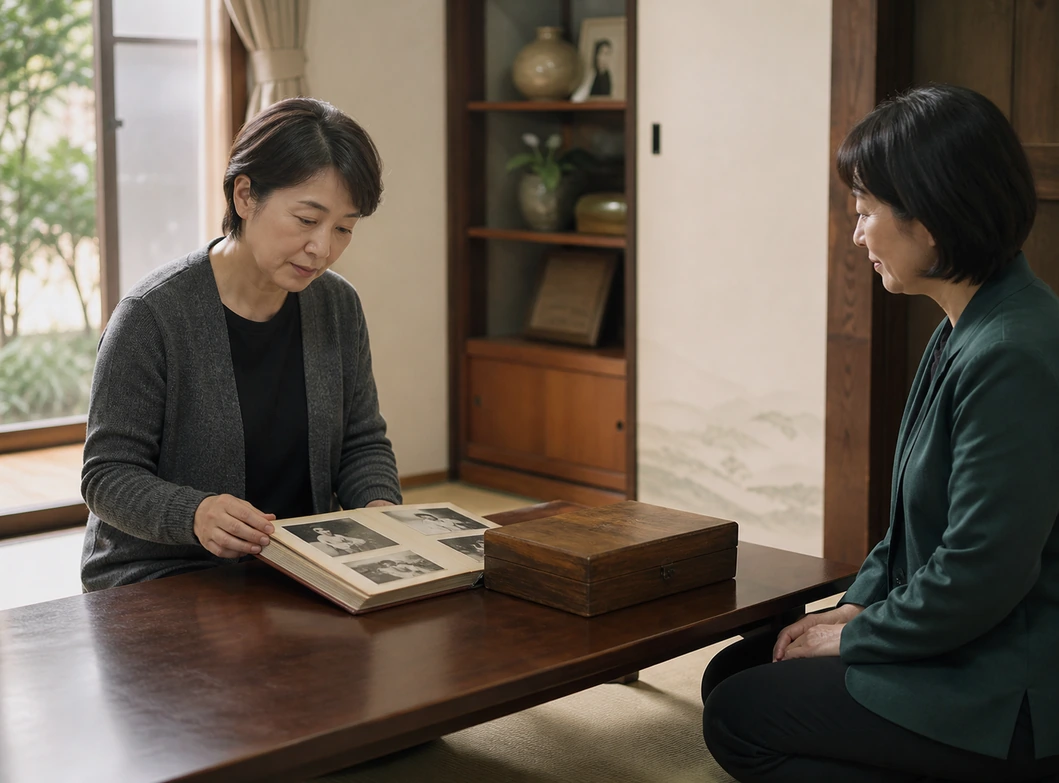 遺族が品物を見つめるそばで、担当者が静かに待っているイメージ